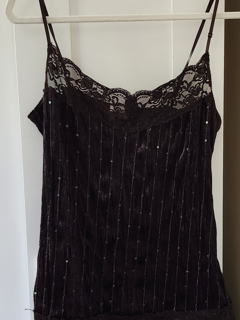Lace-Trim Velvet Cami Top in Deep Brown With Sequins ; Fits Small to Medium